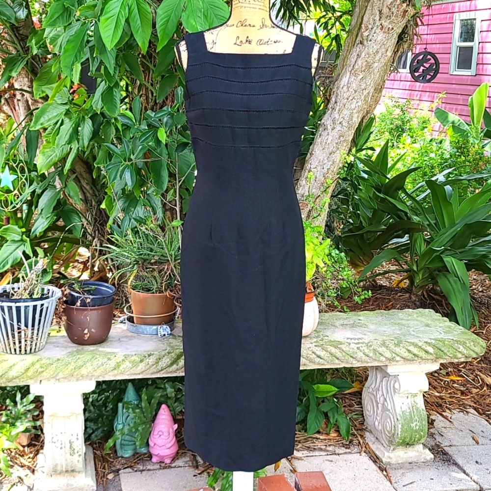 Vintage Marie St Claire black linen blend maxi pencil dress. Sz 6. GUC